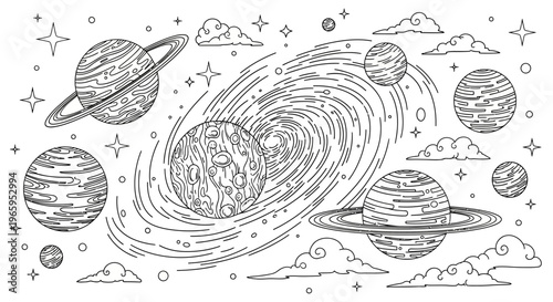 Black and white vector illustration of planets and galaxies in outer space