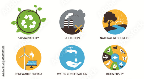 Environmental icons sustainability pollution natural resources and conservation