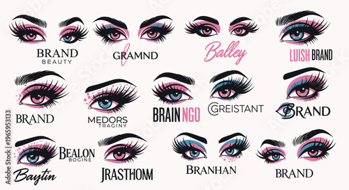 Eyes with makeup and brand logos in graphic illustration style