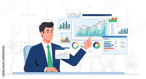 Businessman analyzing financial data and market trends using data visualization. Strategic business insights and reporting on virtual dashboard