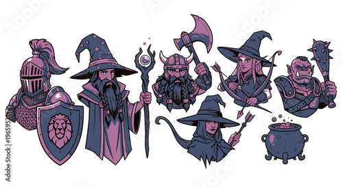 Fantasy characters set knight wizard dwarf archer orc with weapons