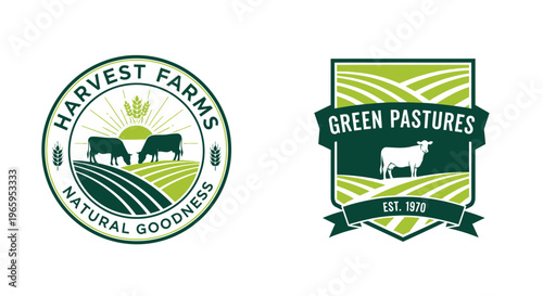 Farm logos with cows and fields representing natural products