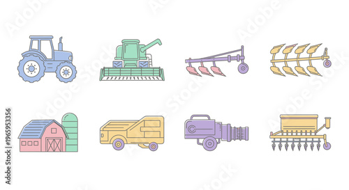 Farm machinery and equipment vector illustrations isolated on white background