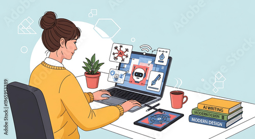 Modern professional harnessing artificial intelligence and advanced technology for creative digital design, content generation, and innovative project development