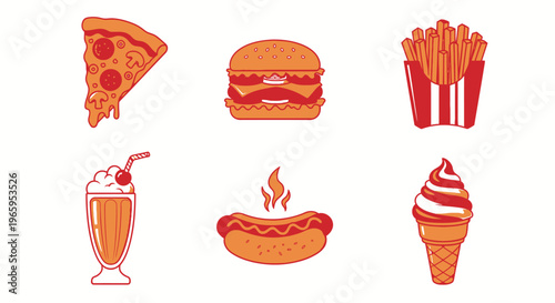 Fast food assortment illustration pizza burger fries milkshake hotdog ice cream