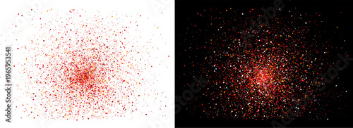 Red particle explosion burst with scattered glowing dots abstract background on dark and light backdrop