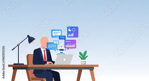 Businessman Working on Laptop with Chatbot and Analytics Data at Desk