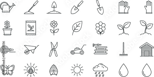 Gardening and Nature Icon Set Featuring Plants, Tools, Flowers, and Outdoor Activities for Websites, Apps, and Digital Media