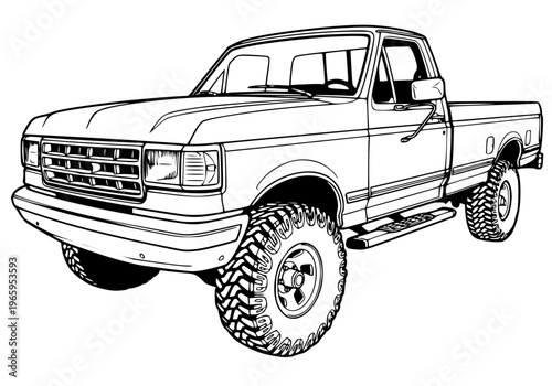 Retro Regular Cab Pickup Truck with Off-Road Tires Line Art