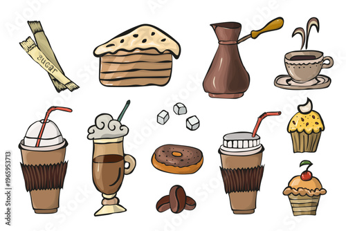 Hand-drawn coffee and dessert set. Vector doodle illustrations of take-away cups, latte, donuts, cakes, and coffee beans isolated on white background.