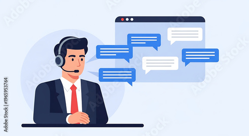 Professional male customer service representative with headset providing online support and live chat assistance. Virtual help desk and communication concept illustration