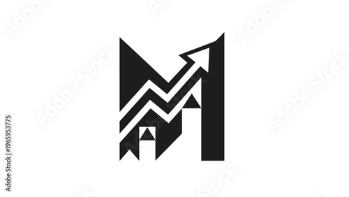 Abstract M letter logo with upward trending arrow.