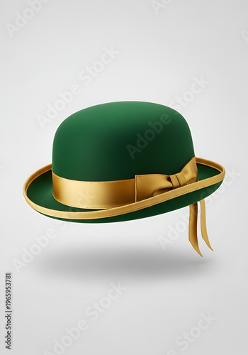 St patrick's day green hat with gold ribbon and bow isolated on light gray background