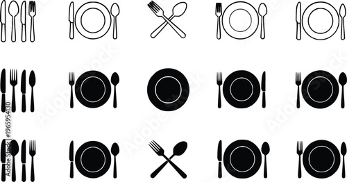 Collection of black icons for table setting and utensils