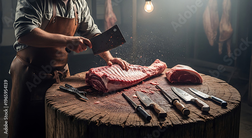 A butcher in an apron expertly cuts a large piece of raw meat with a cleaver on a rustic wooden block, surrounded by various knives in a dimly lit shop.