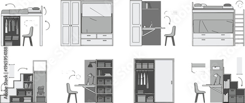Modern Wardrobe Closet Organization Vector Illustration Set Showing Storage Furniture Layouts with Shelves, Drawers, Hanging Clothes Systems for Home Interior Planning