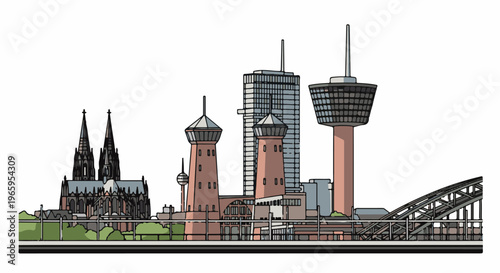 Stylized cityscape with tall towers, modern skyscrapers, and gothic cathedral