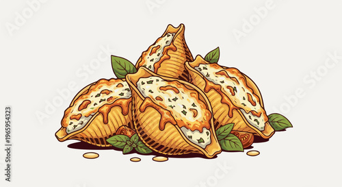 Stuffed pasta shells with creamy filling, sauce, and basil garnish