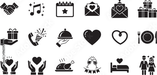 Celebration and event icons: gifts, hearts, handshake, food service, and couples, a set of graphic
