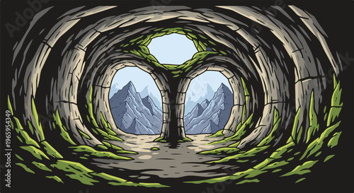 Stone cave opening reveals misty mountain peaks through two arched windows