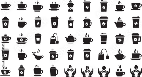 Coffee and tea drink icons set: hot beverage cups, mugs, pots, and teabags, a collection of