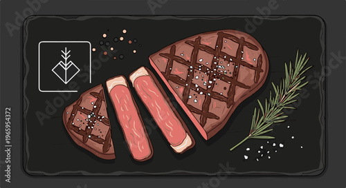 Sliced grilled steak with salt, peppercorns, and rosemary on slate