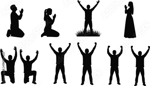 Silhouette illustration of people in prayer and praise poses, kneeling, standing, and raising arms, symbolizing devotion, worship, gratitude, and spiritual expression in minimalist design.
