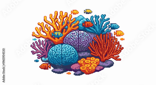 Pixelated underwater scene with colorful corals and fish