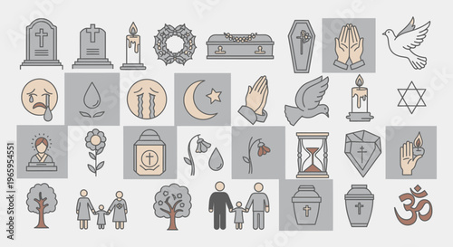 Funeral and memorial icons representing grief remembrance and hope