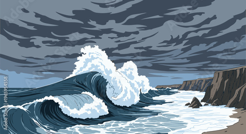 Pixelated stormy sea crashes against rugged cliffs under a dark sky