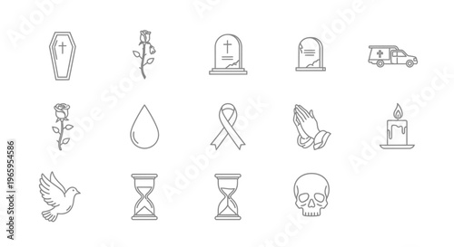 Funeral and mourning line art icons set on white background