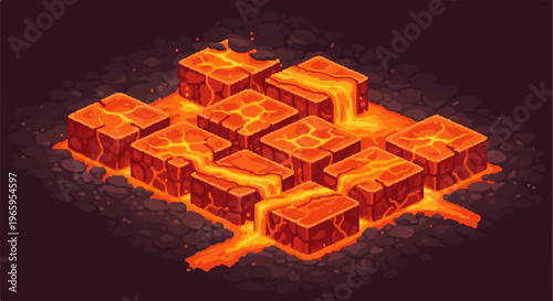 Pixelated isometric blocks of molten lava flow across dark ground