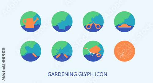 Gardening tools icons set on circular backgrounds for design elements