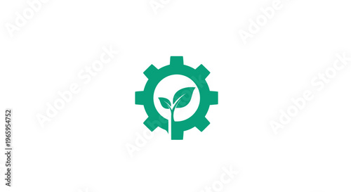 Gear with green plant symbolizing growth and sustainability on white