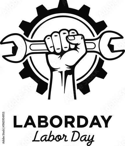 Black and white of labor day with fist holding wrench symbol worker rights