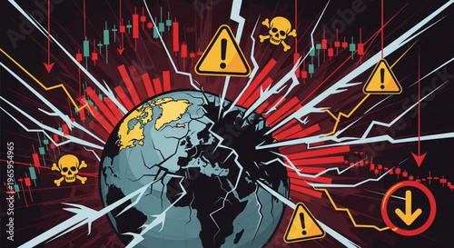 Cracked earth globe with warning signs and skull symbols amidst financial crisis and environmental disaster