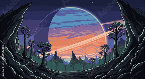 Pixelated alien landscape with ringed planet and strange trees