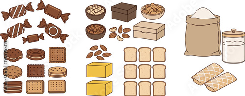 Baking ingredients and snacks collection with chocolate cookies butter bread grains and sugar in flat vector style, bakery food elements isolated on white background