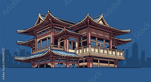 Pixel art depiction of a multi-tiered traditional East Asian building