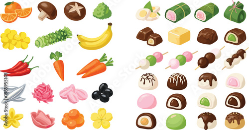 Assorted food ingredients and sweets collection with fruits vegetables chocolates and Japanese desserts in flat vector style, colorful menu elements isolated on white background