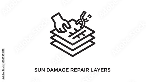 Minimalist line art illustration depicting sun damage repair layers using a book stack and sun symbol. Ideal for skincare, wellness, education, and health-related marketing materials.