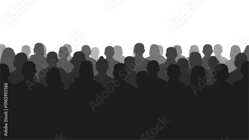 Silhouettes of a large crowd of people in various shades of gray and black on a white background