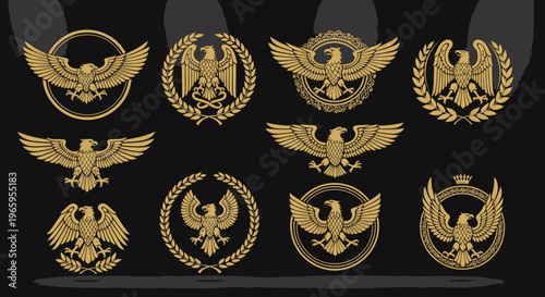 Golden eagle emblems set on dark background for design projects