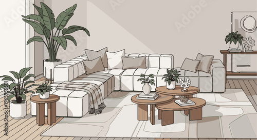 Cozy living room with sectional sofa, plants, and coffee tables