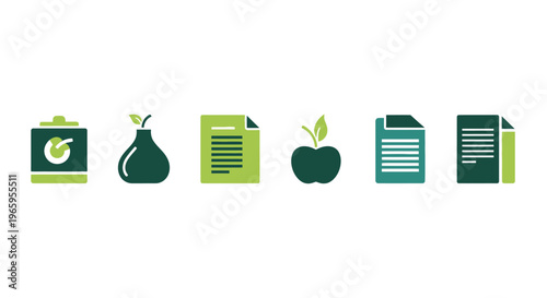 Graphic icons of various objects in green and dark teal color on white background