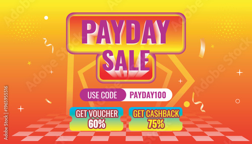 Payday Sale promotional banner with bold typography, discount voucher, and cashback offers on an orange gradient background.