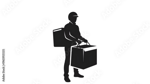 Black silhouette of a delivery man carrying a box and bag