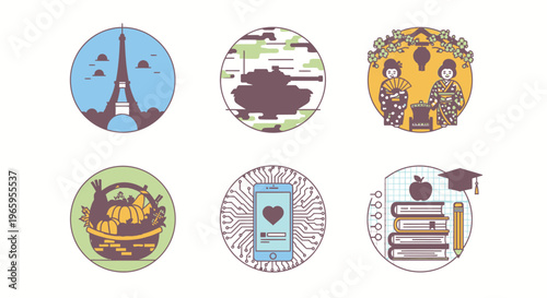 Graphic icons representing various themes for design and illustration