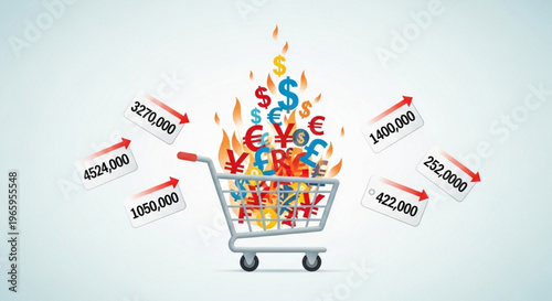 Shopping cart overflowing with colorful currency symbols on fire surrounded by rising price tags and arrows representing inflation and rising costs
