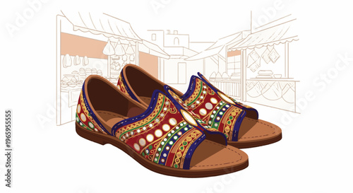 Decorative sandals with mirrored embroidery in a market setting